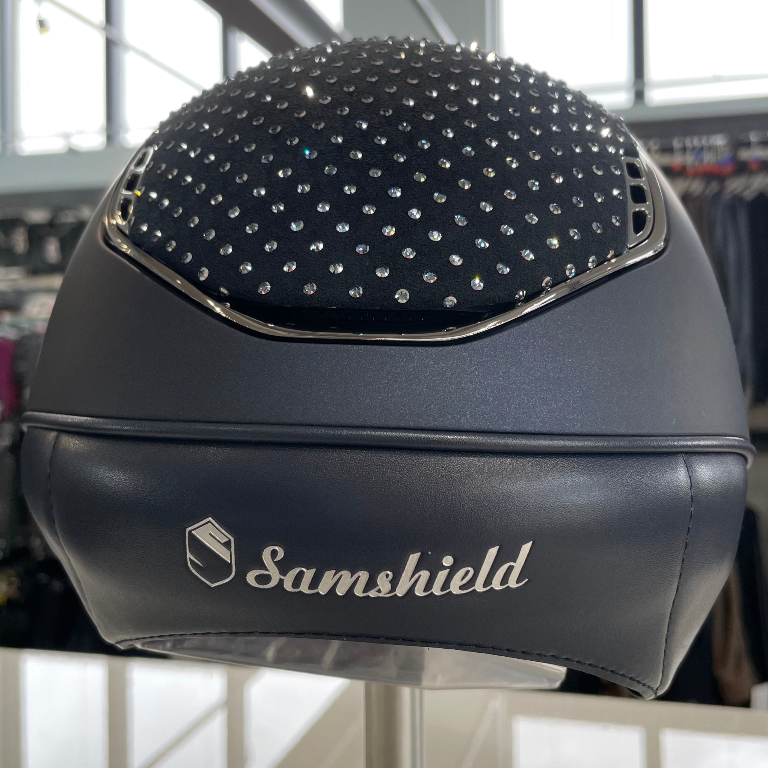 Samshield MissShield Blue with denim blue sparkling stones on top and frontal band and 5 black crystals 2.0 M- in stock and ready to ship!