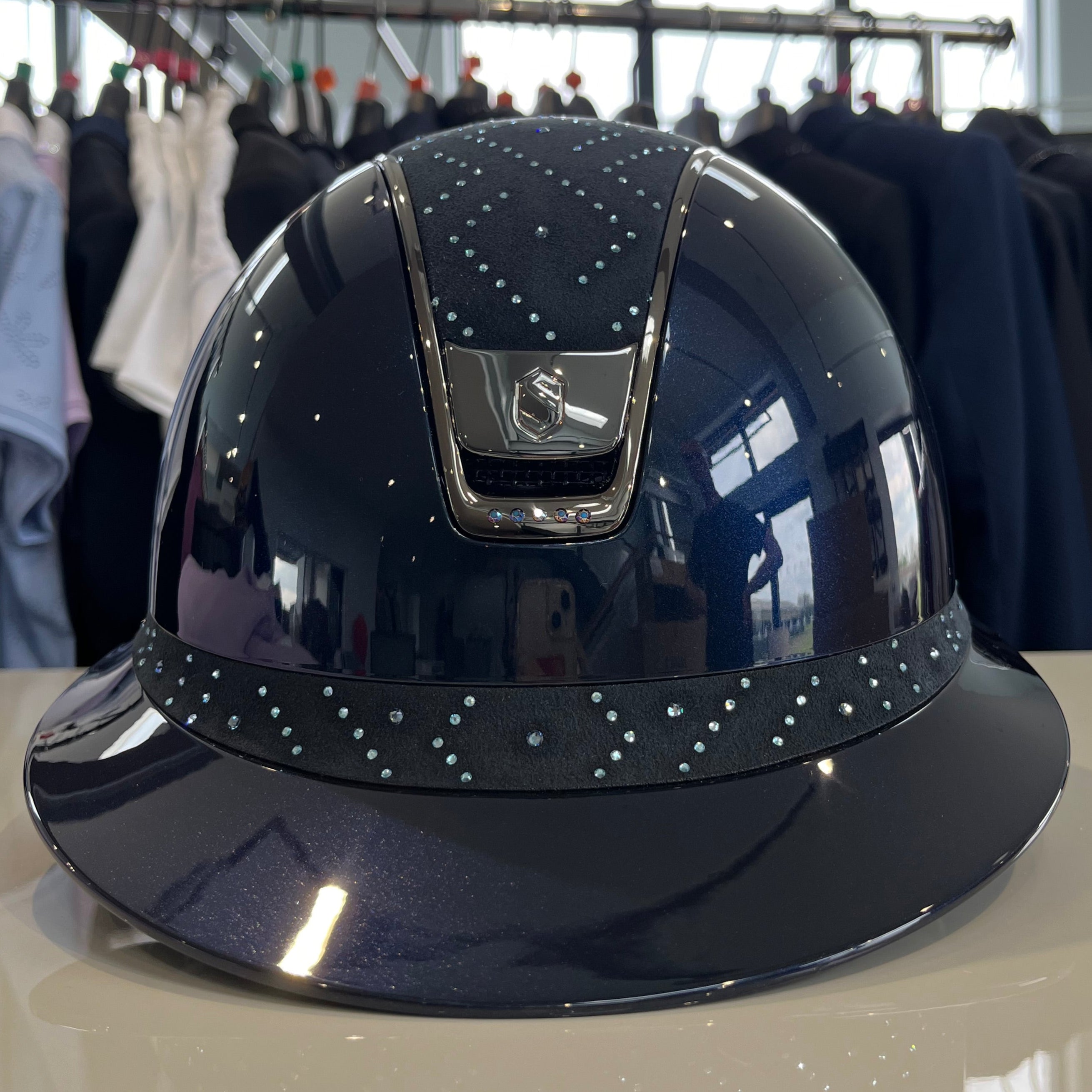 Samshield Miss Shield 2.0 Blue glossy with Aztec navy top, frontal band and five front crystals- in stock and ready to ship!