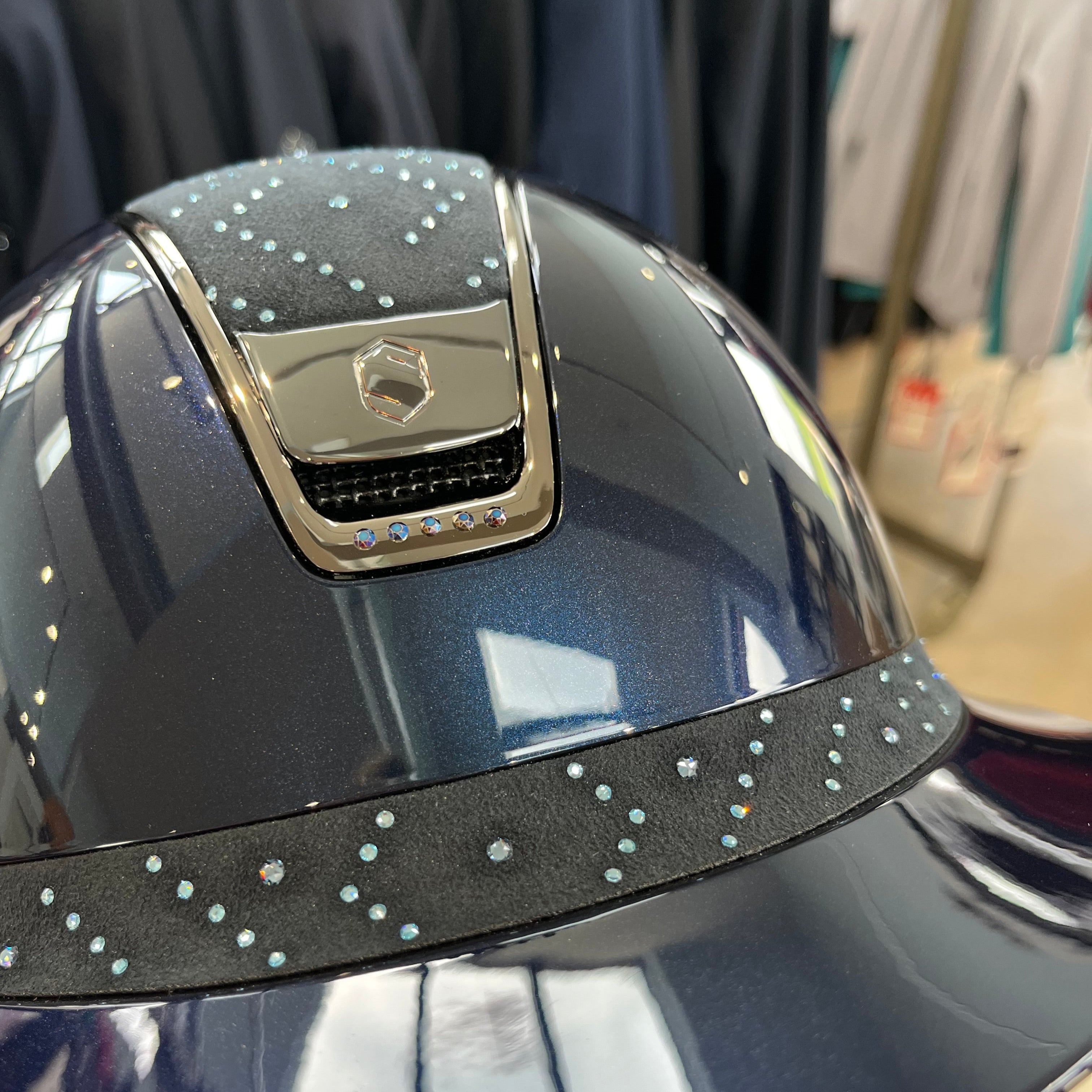 Samshield Miss Shield 2.0 Blue glossy with Aztec navy top, frontal band and five front crystals- in stock and ready to ship!