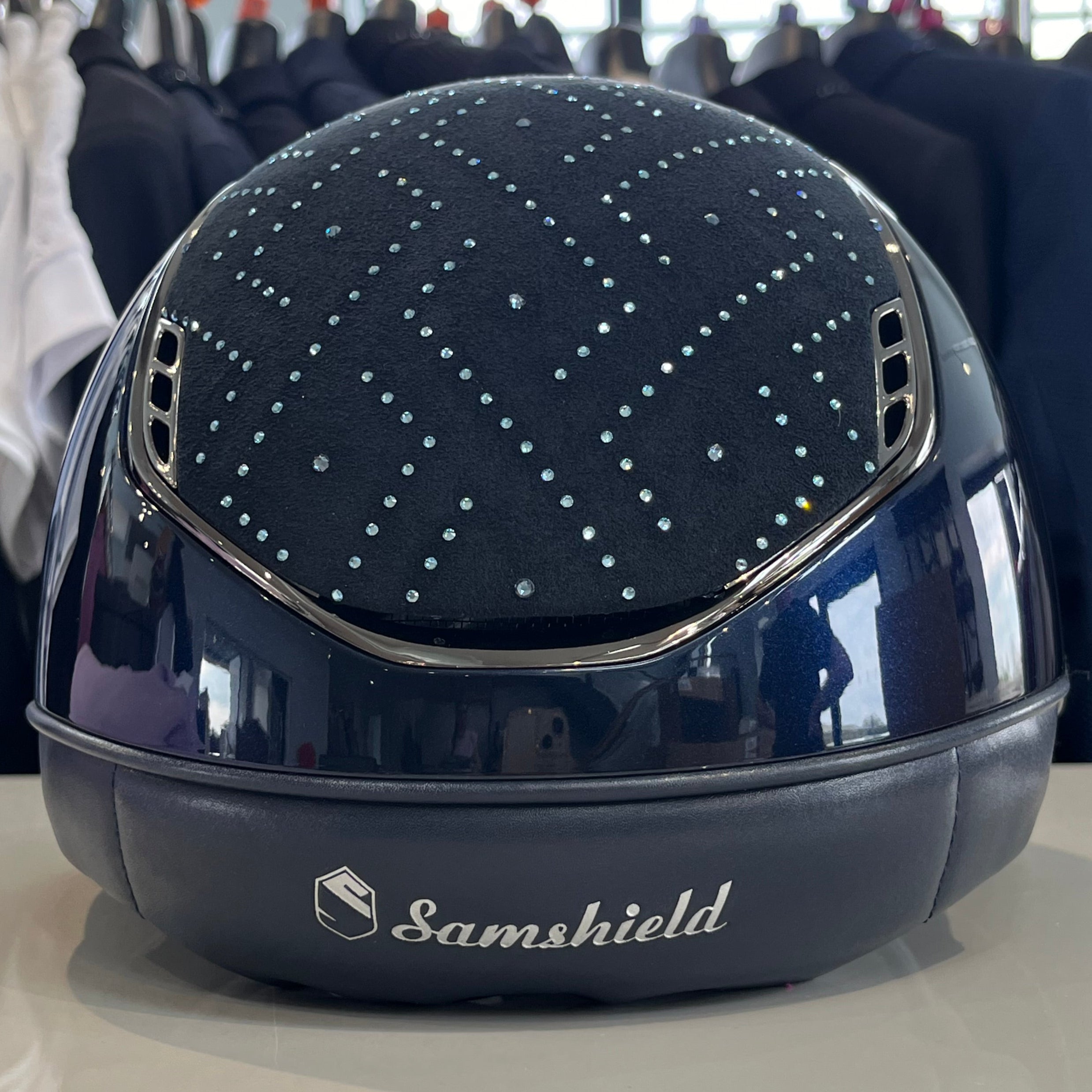 Samshield Miss Shield 2.0 Blue glossy with Aztec navy top, frontal band and five front crystals- in stock and ready to ship!