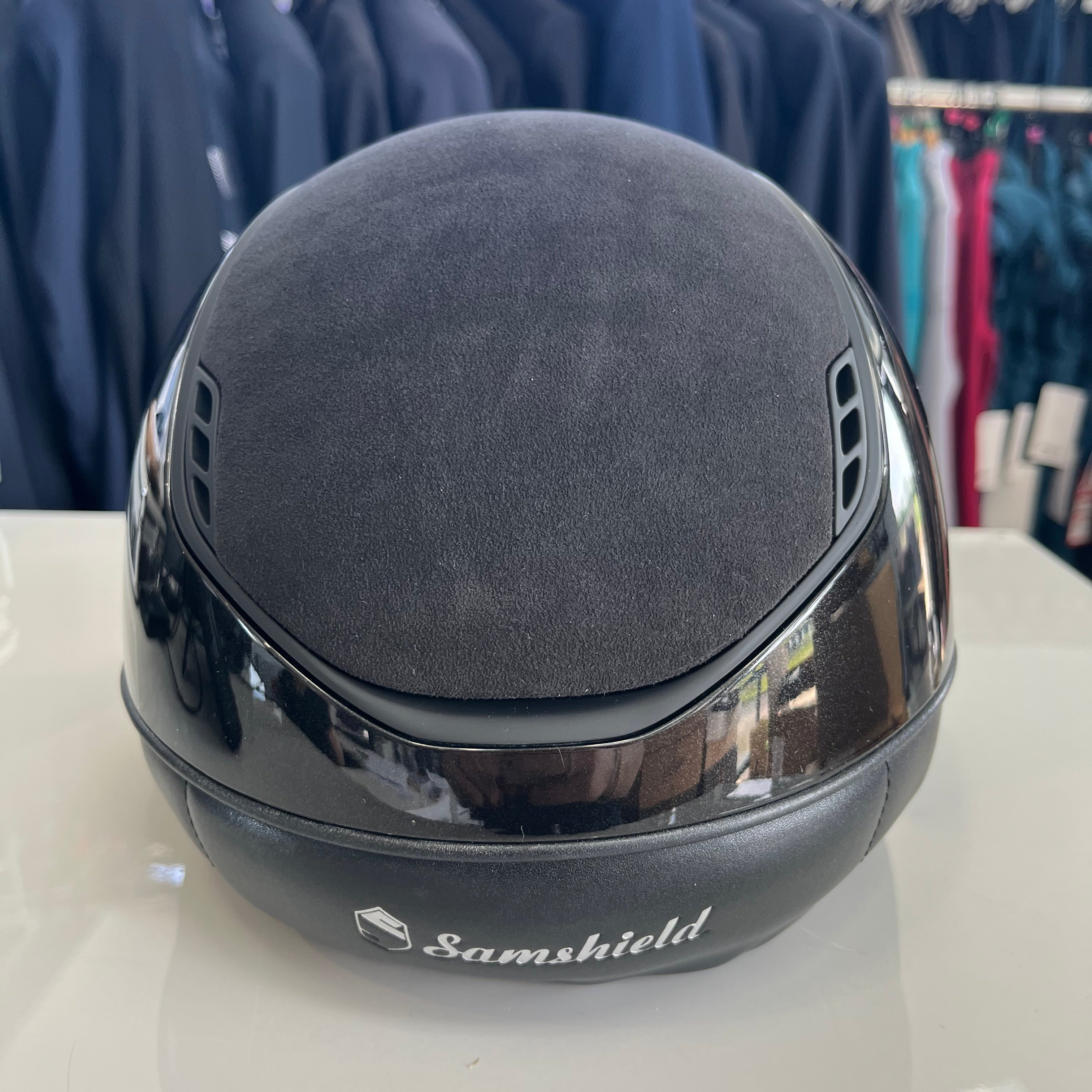 Samshield MissShield 2.0 Black glossy, matt trim with alcantara top and crystal fabric black frontal band S- in stock and ready to ship!