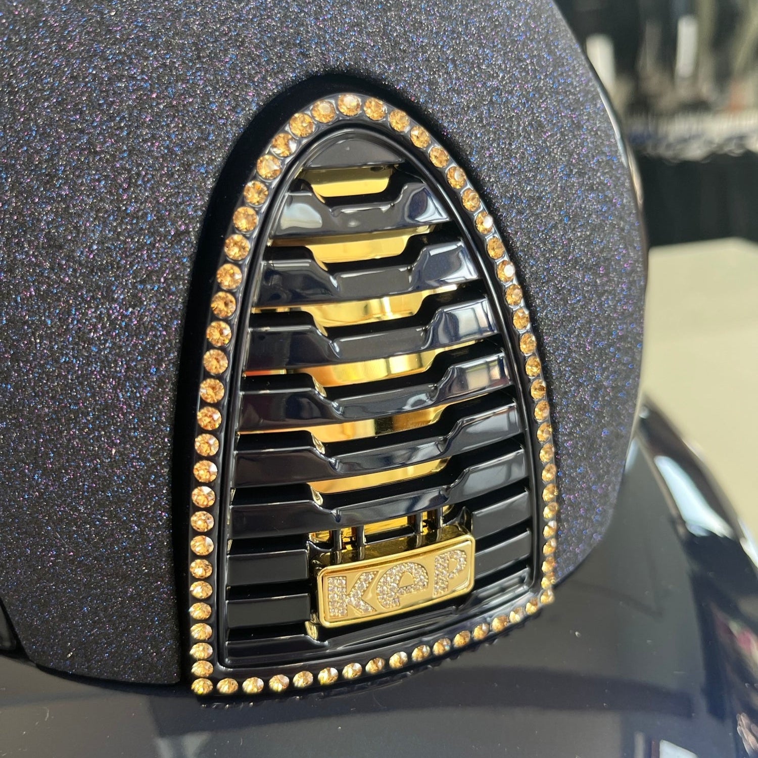 Kep Cromo2 Blue polish polo peak with crystal star fabric front, gold champagne crystal frame and glitter logo M- in stock and ready to ship!