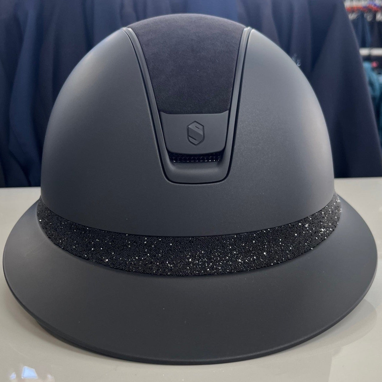Samshield Miss Shield 2.0 Black with Alcantara top, crystal fabric frontal band and matt black trim and badge - in stock and ready to ship!