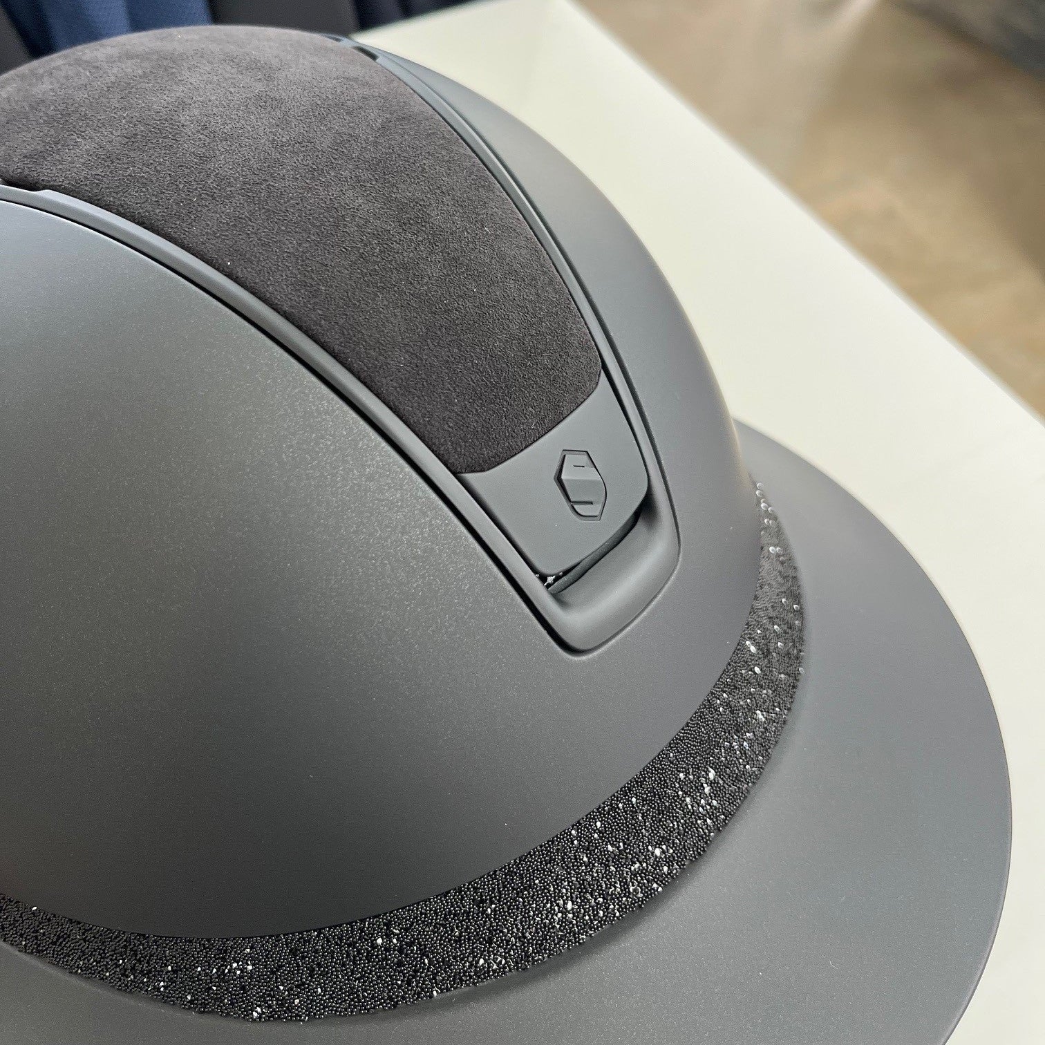 Samshield Miss Shield 2.0 Black with Alcantara top, crystal fabric frontal band and matt black trim and badge - in stock and ready to ship!