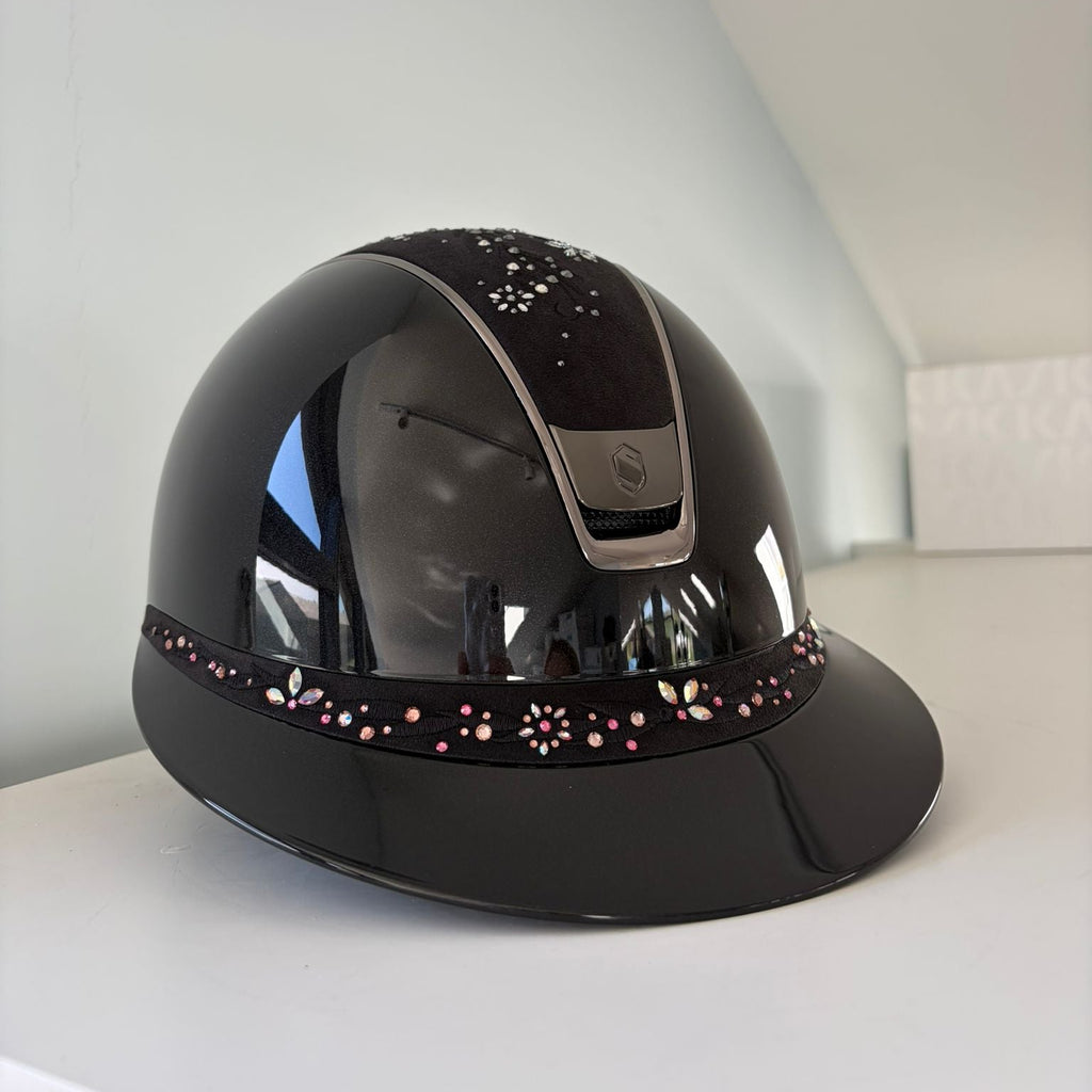 Samshield Miss Shield 2.0 Glossy Black with Black Flower Jewel Top and Pink Frontal Band M - S333