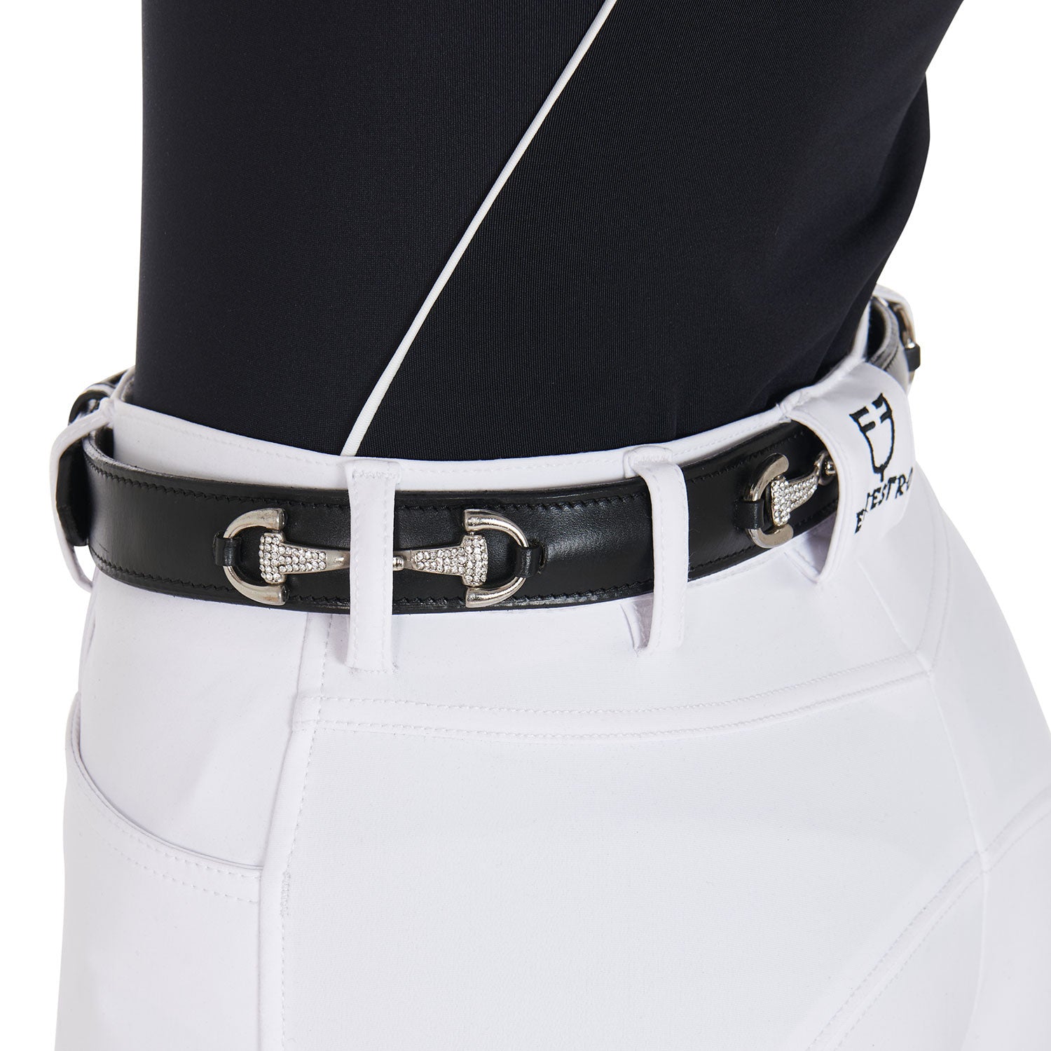 Leather belt with snaffle bits and rhinestones