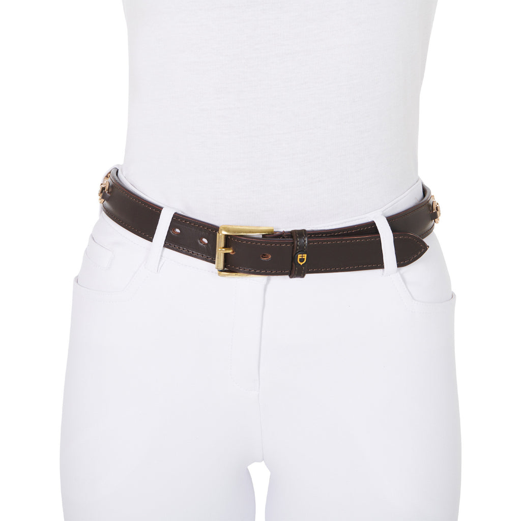 Leather belt with snaffle bits and rhinestones