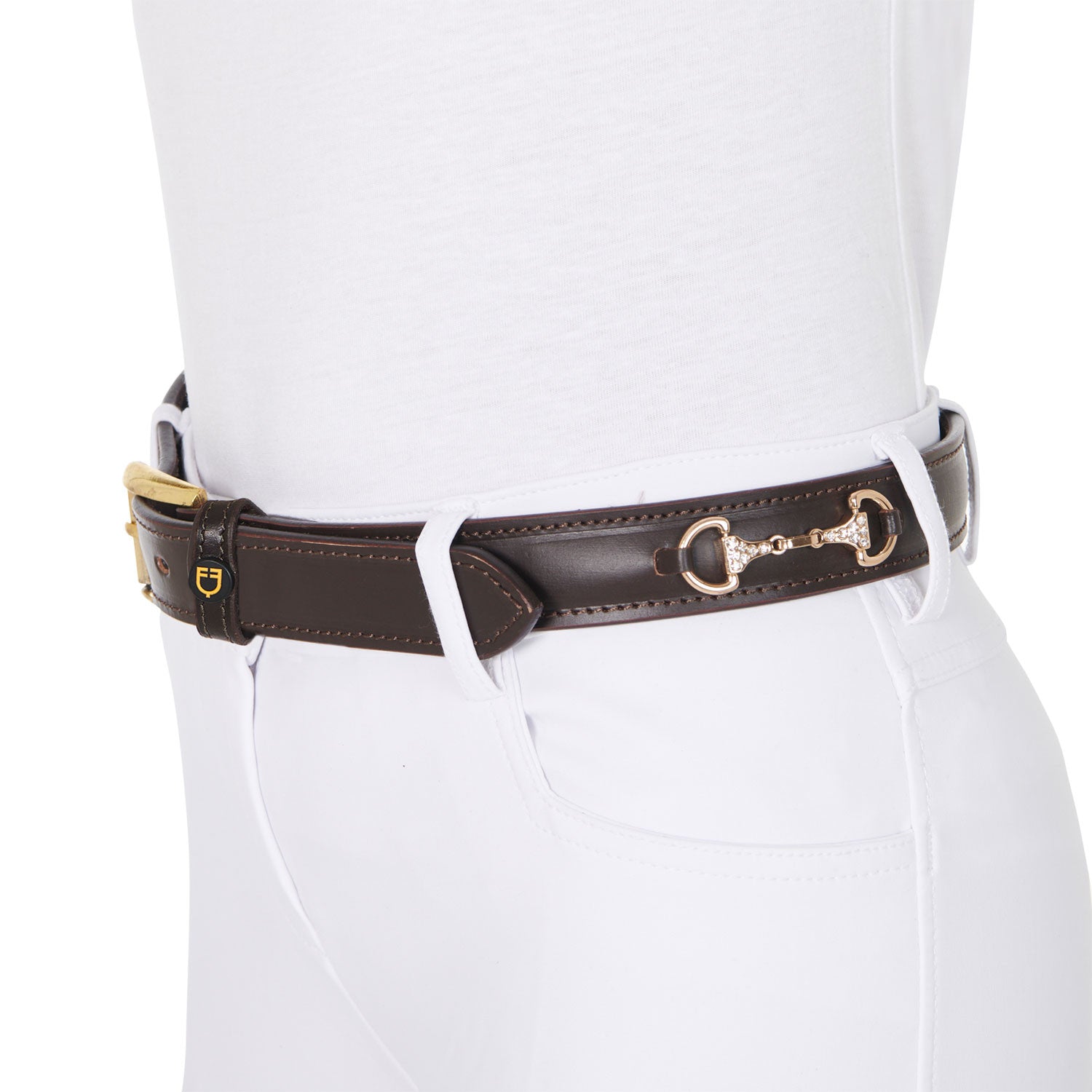 Leather belt with snaffle bits and rhinestones