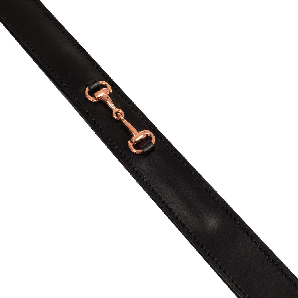 English belt with rose gold snaffle bits