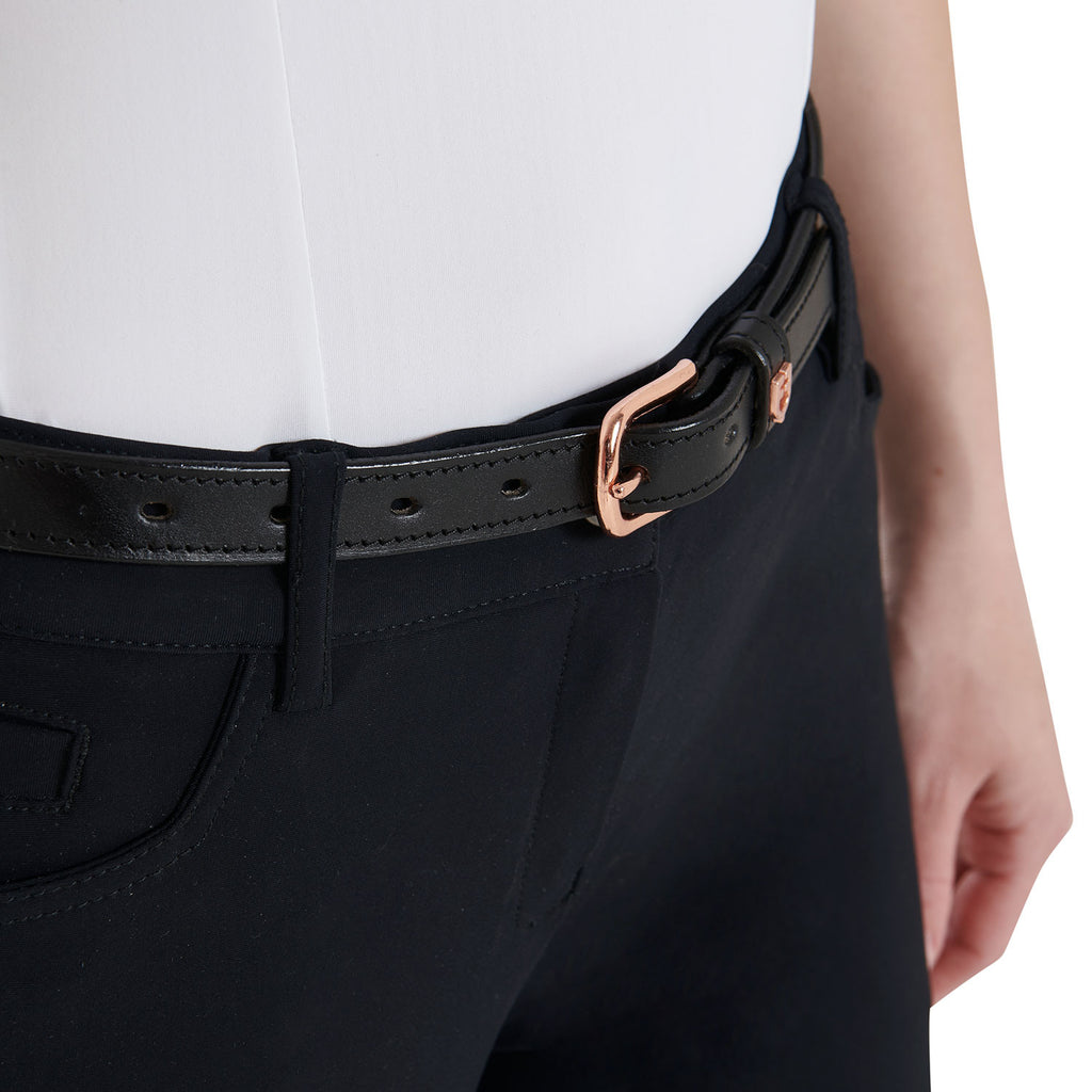 Leather belt with rose gold clincher