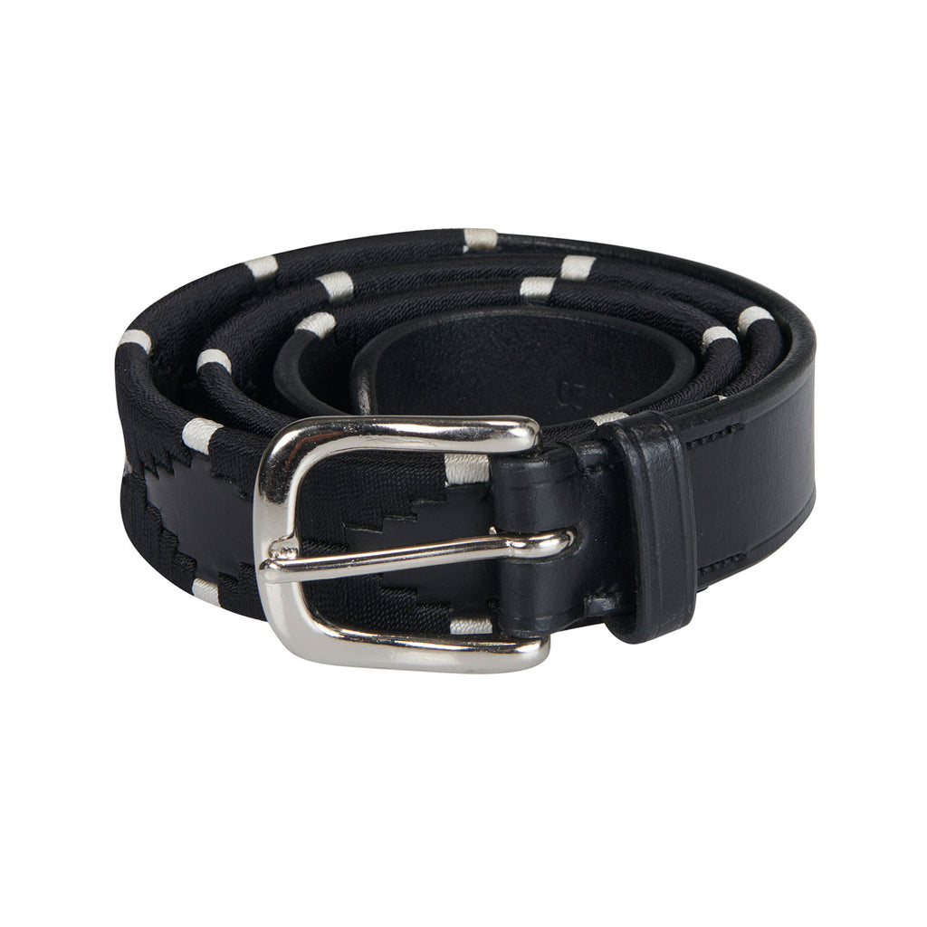 Leather belt with black and white embroidery