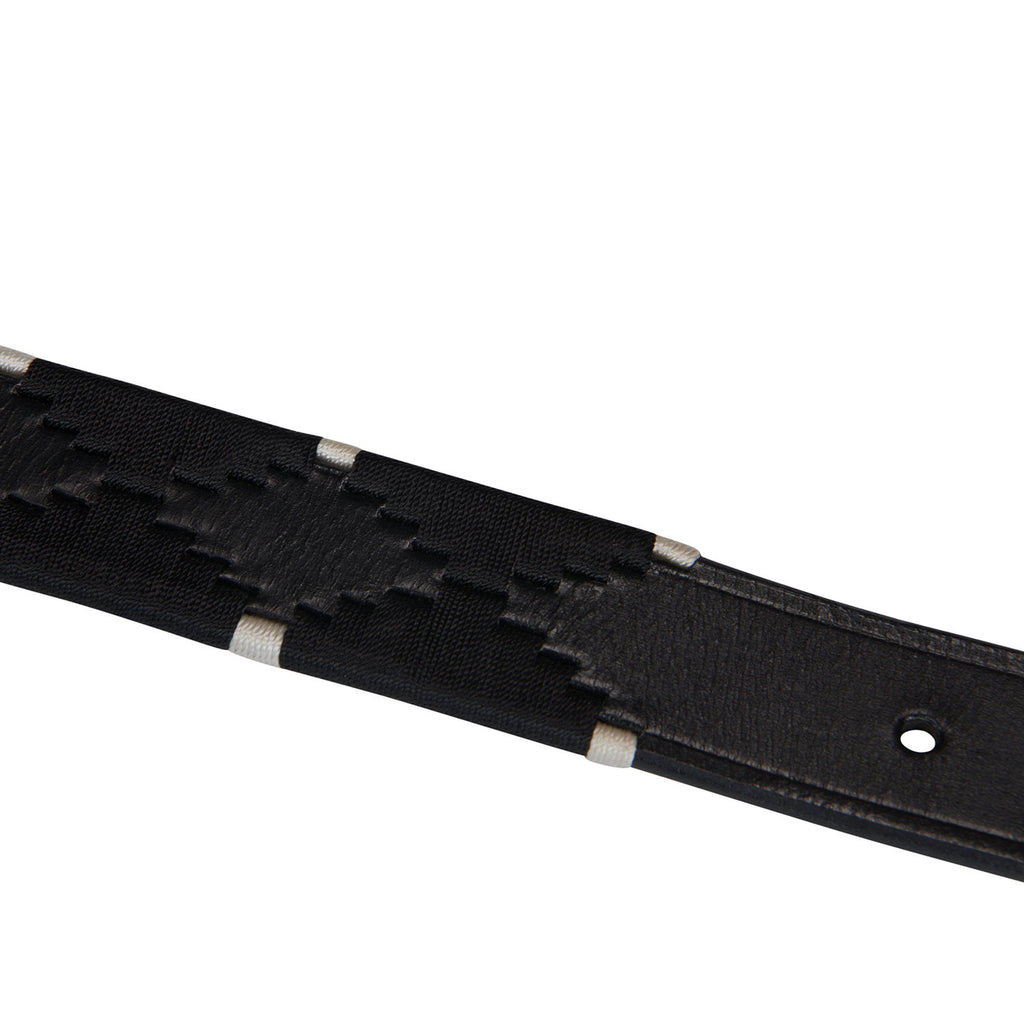 Leather belt with black and white embroidery