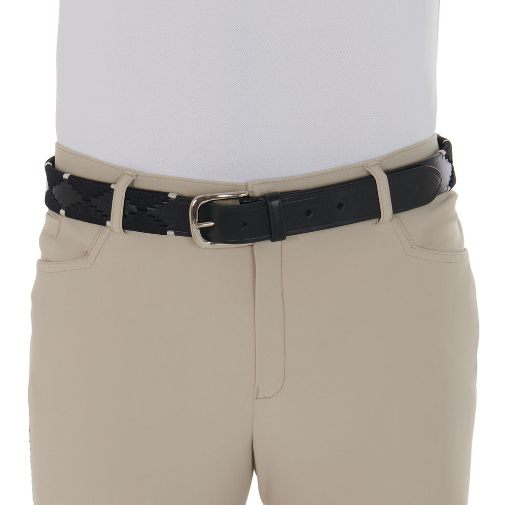 Leather belt with black and white embroidery