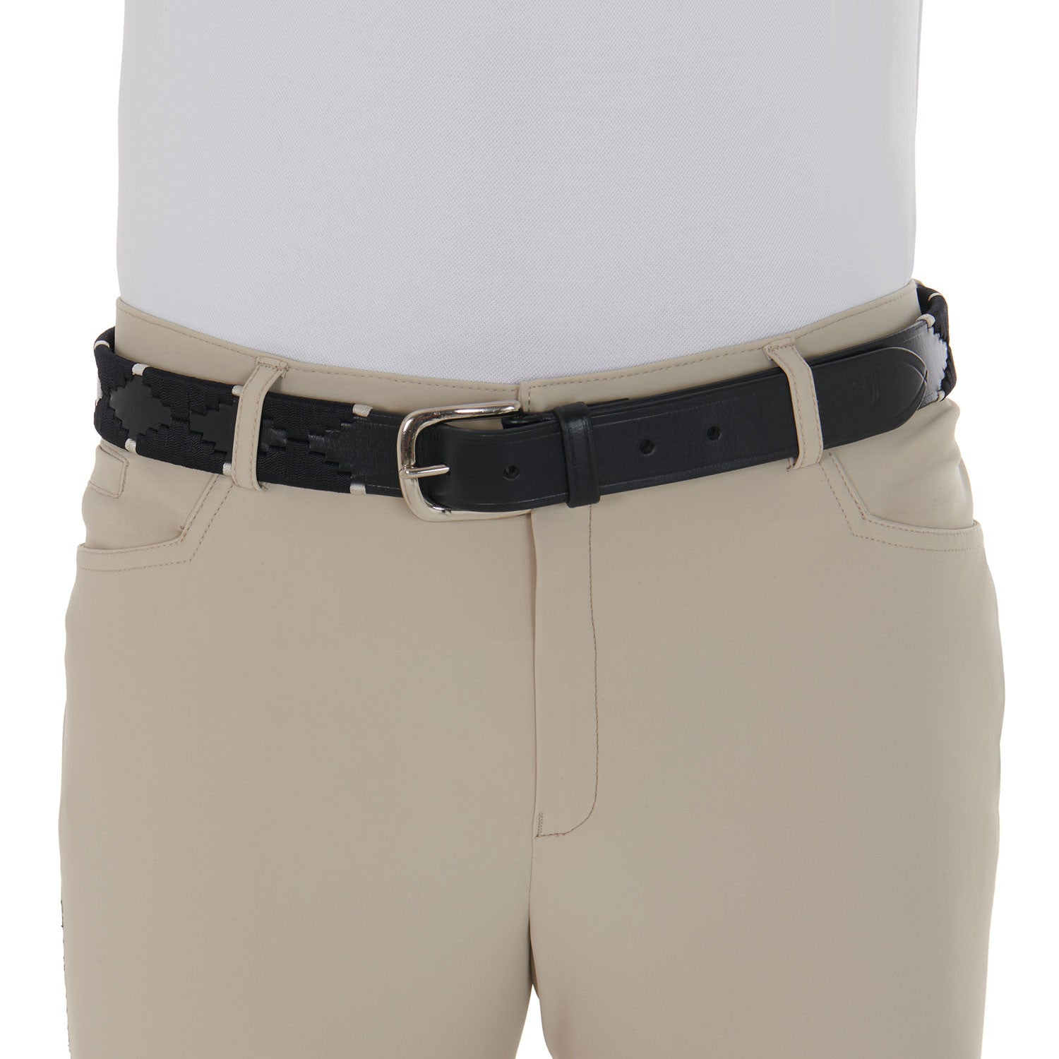 Leather belt with black and white embroidery