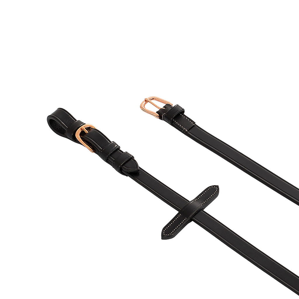 Leather and rubber reins for English bridle with rose gold buckles