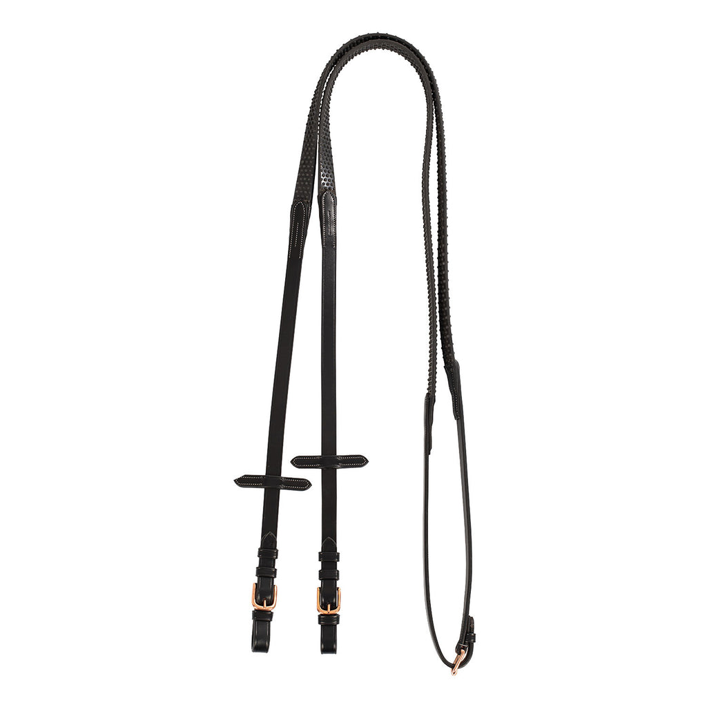 Leather and rubber reins for English bridle with rose gold buckles