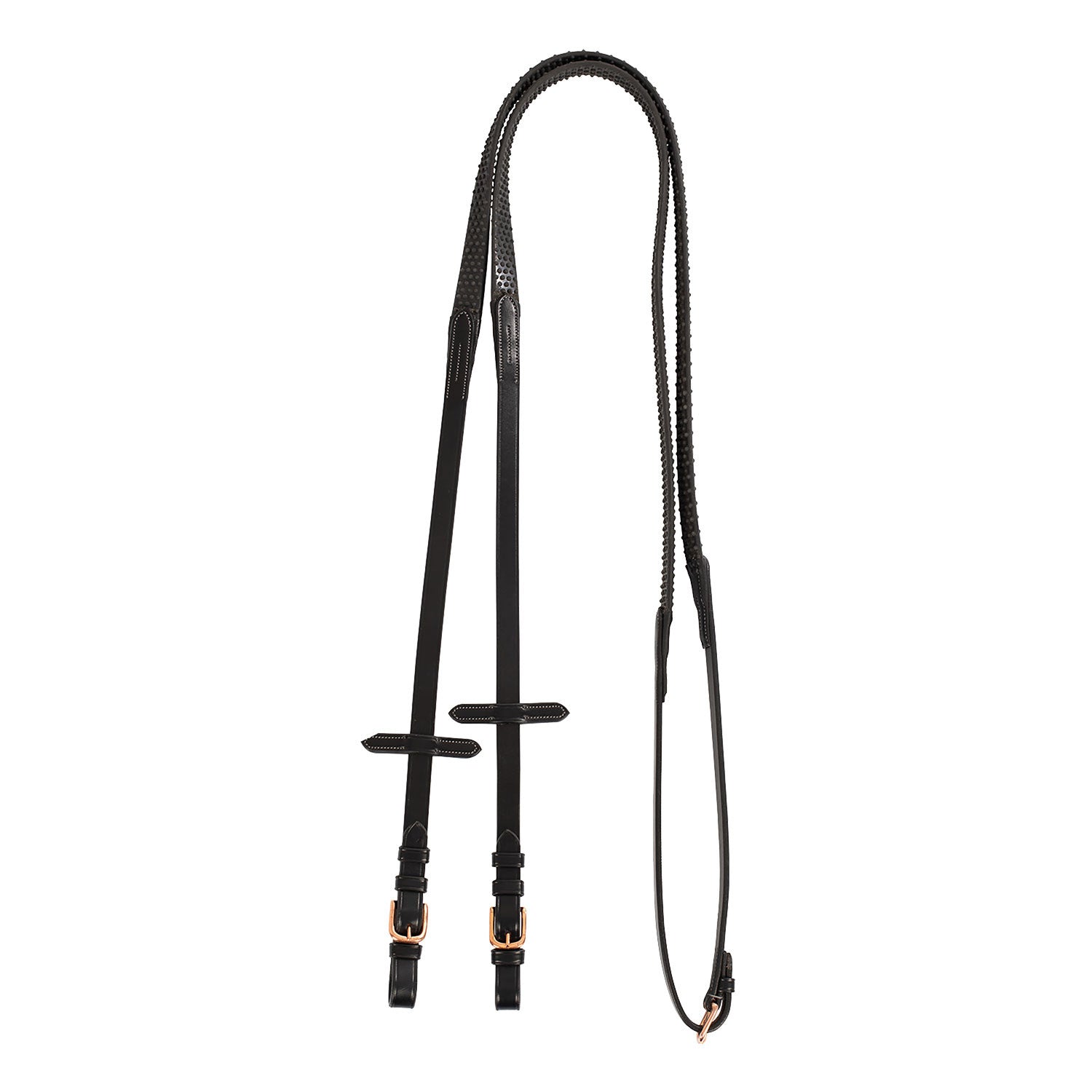 Leather and rubber reins for English bridle with rose gold buckles