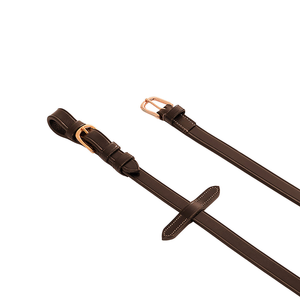 Leather and rubber reins for English bridle with rose gold buckles