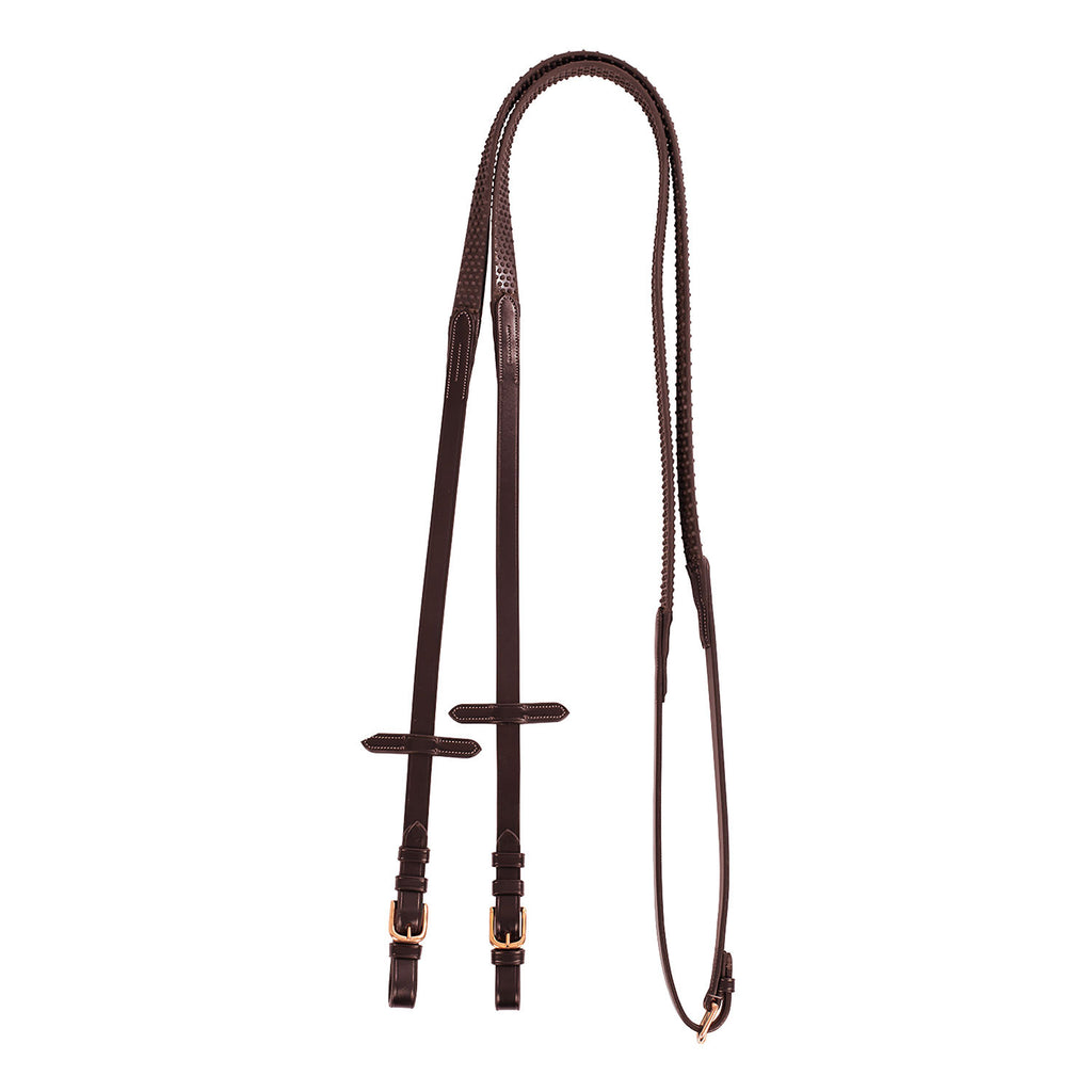 Leather and rubber reins for English bridle with rose gold buckles
