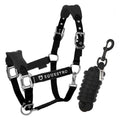 Halter with double adjustment and lead rope