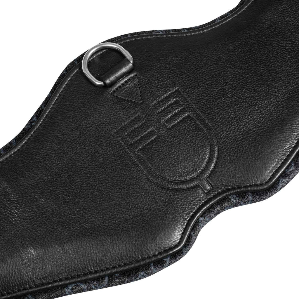 Shaped dressage girth in leather with engraved logo