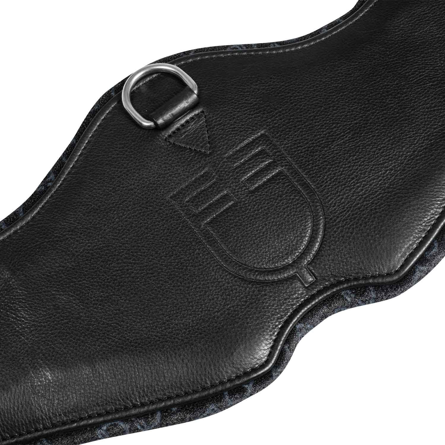 Shaped dressage girth in leather with engraved logo