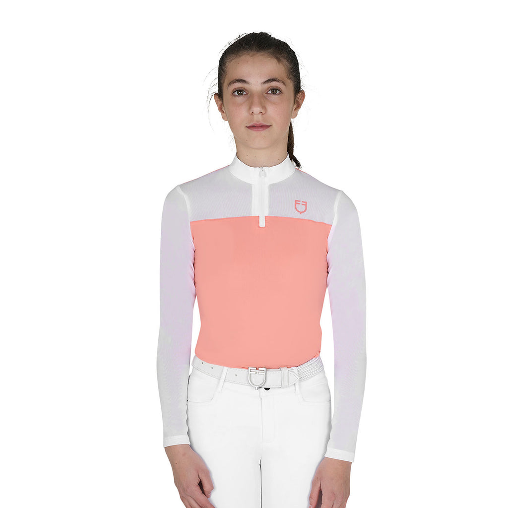 Girls' long-sleeved competition polo shirt with micro-mesh inserts