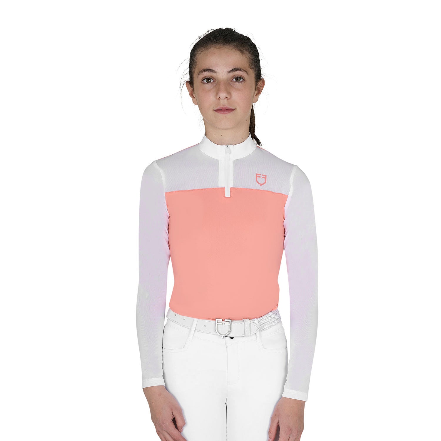 Girls' long-sleeved competition polo shirt with micro-mesh inserts