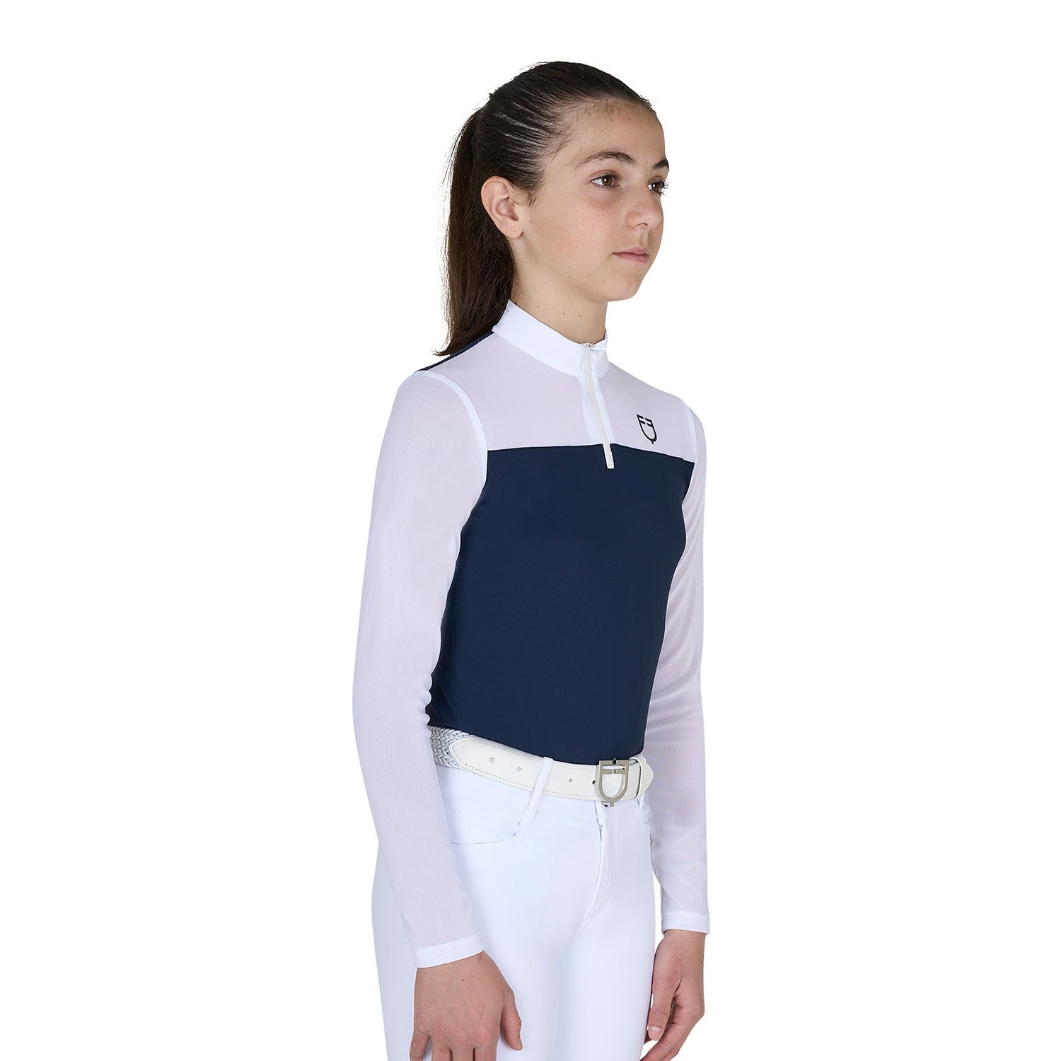 Equestro Girls' long-sleeved competition polo shirt with micro-mesh inserts
