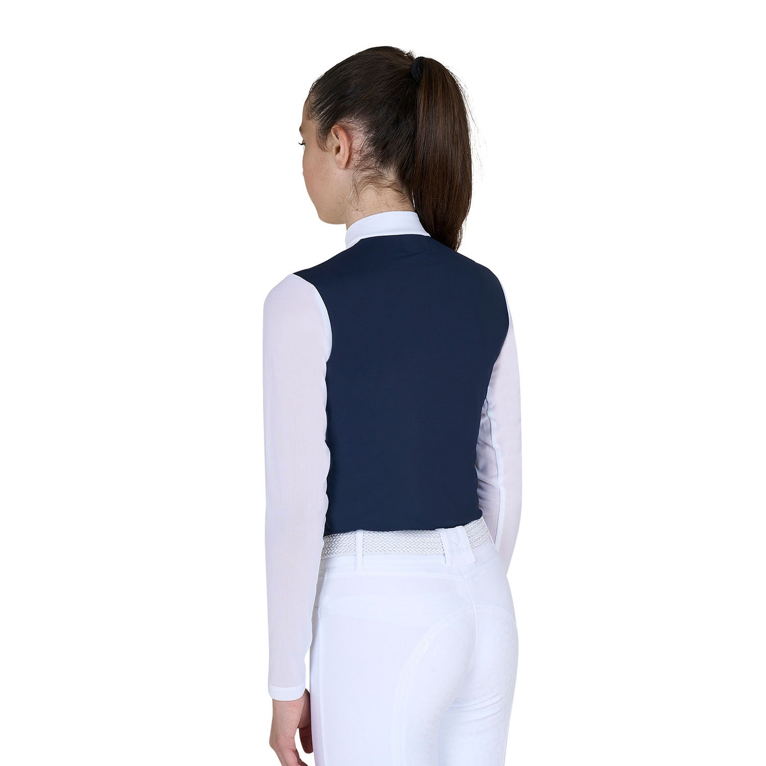 Girls' long-sleeved competition polo shirt with micro-mesh inserts