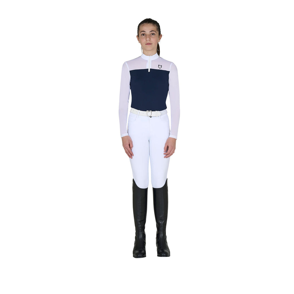 Girls' long-sleeved competition polo shirt with micro-mesh inserts