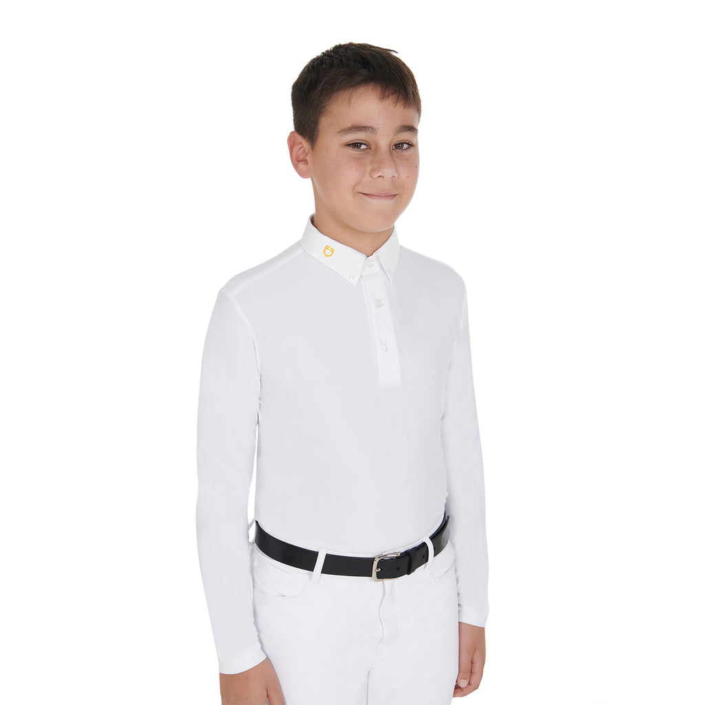 Boy's long-sleeved polo shirt in technical fleece fabric
