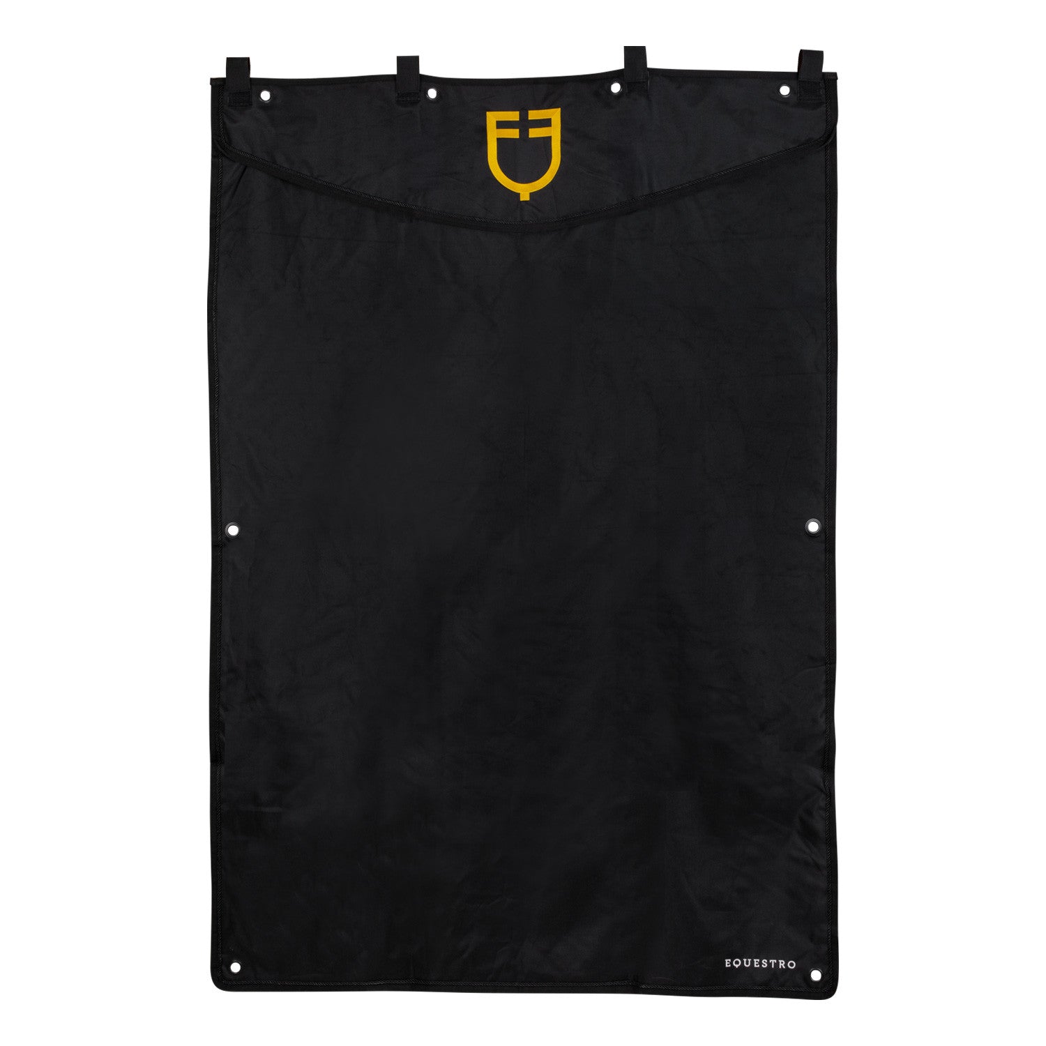 Long stable curtain with embroidered logo