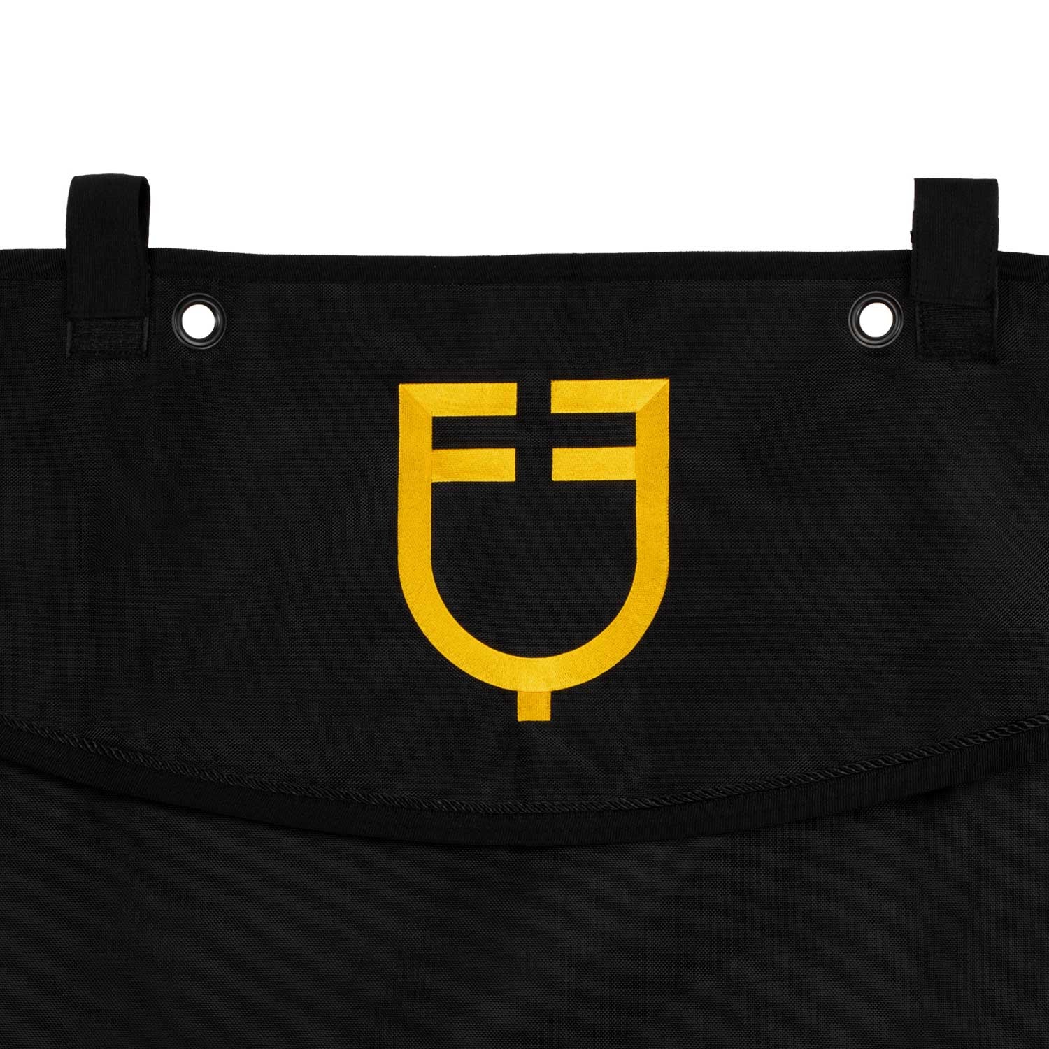 Long stable curtain with embroidered logo