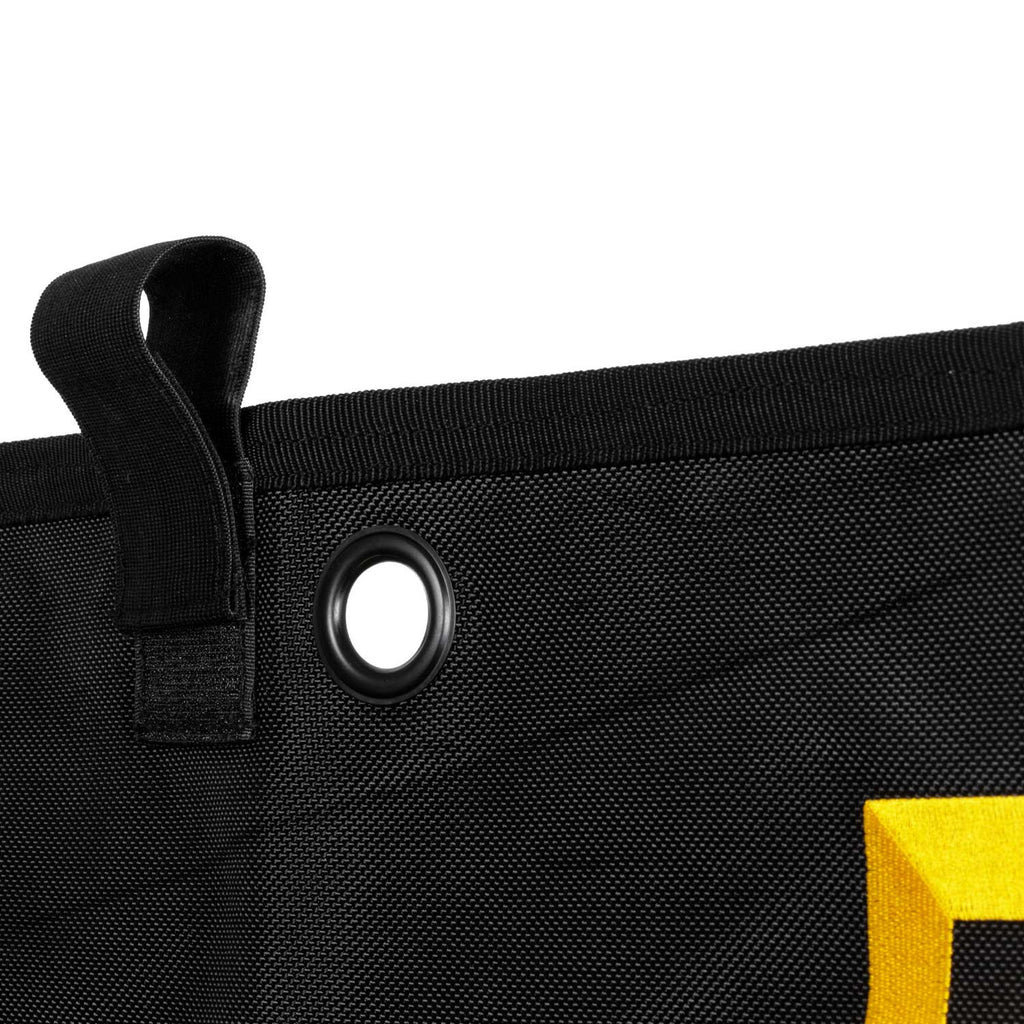 Long stable curtain with embroidered logo