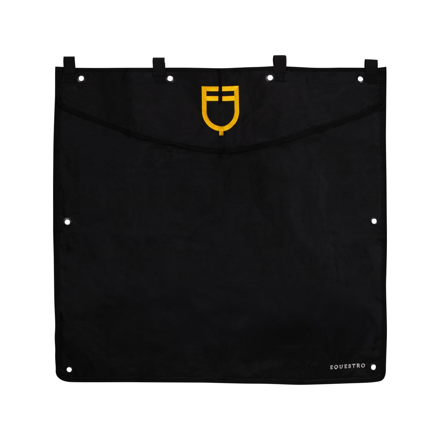 Short stable curtain with embroidered logo