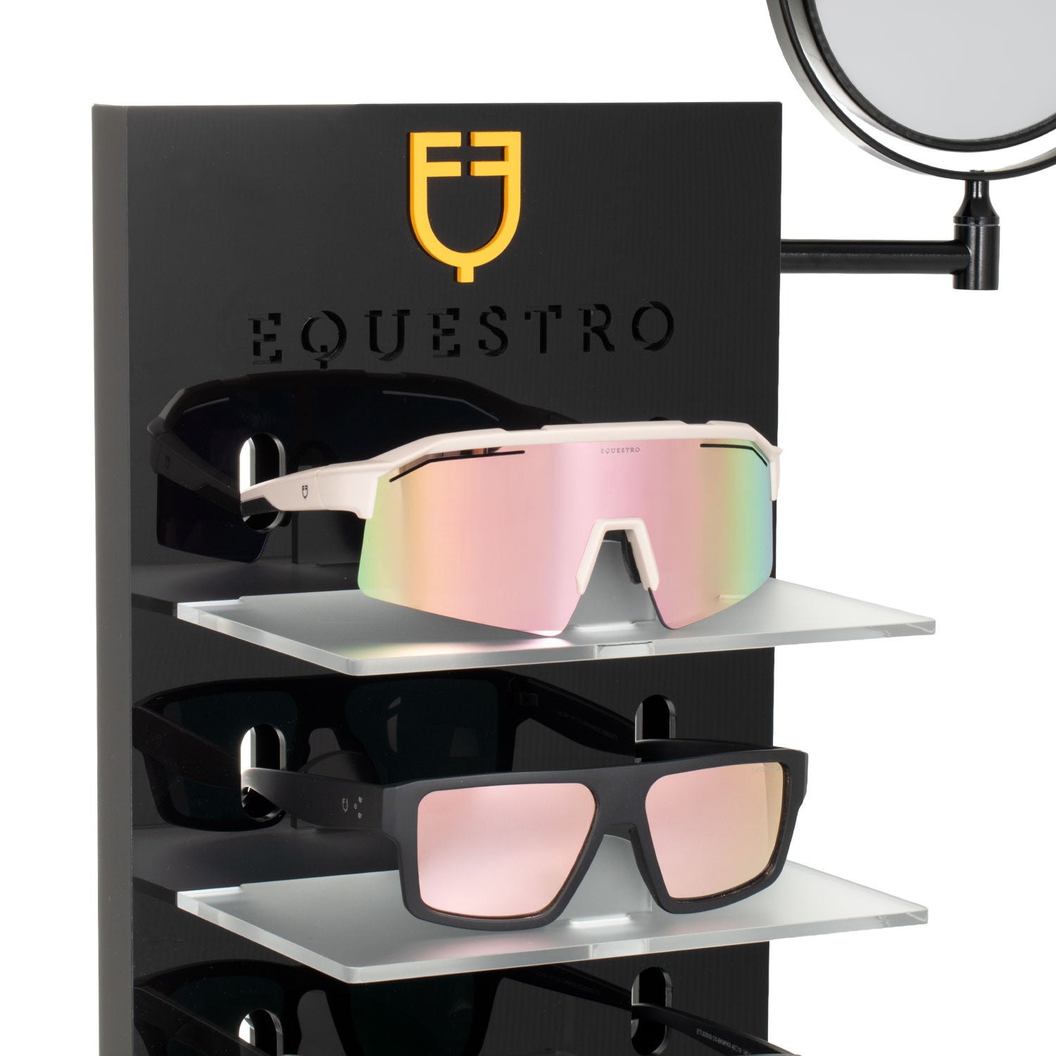 ACRYLIC SUNGLASSES HOLDER WITH LASER-CUT LOGO AND MIRROR