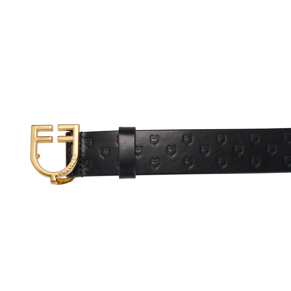 Leather logo belt with logoed buckle