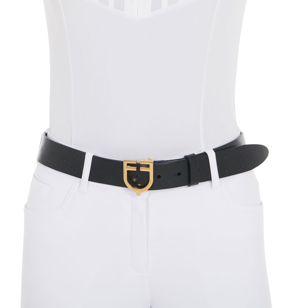 Leather logo belt with logoed buckle