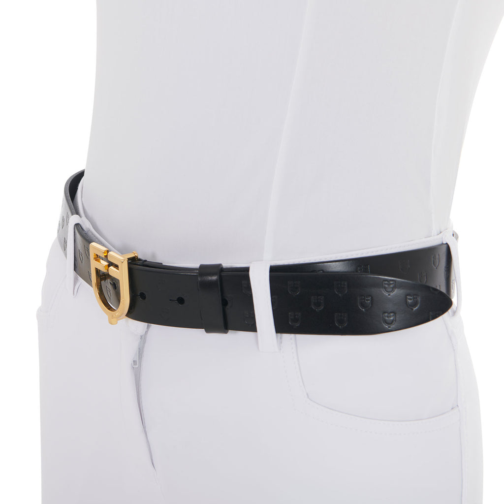 Leather logo belt with logoed buckle