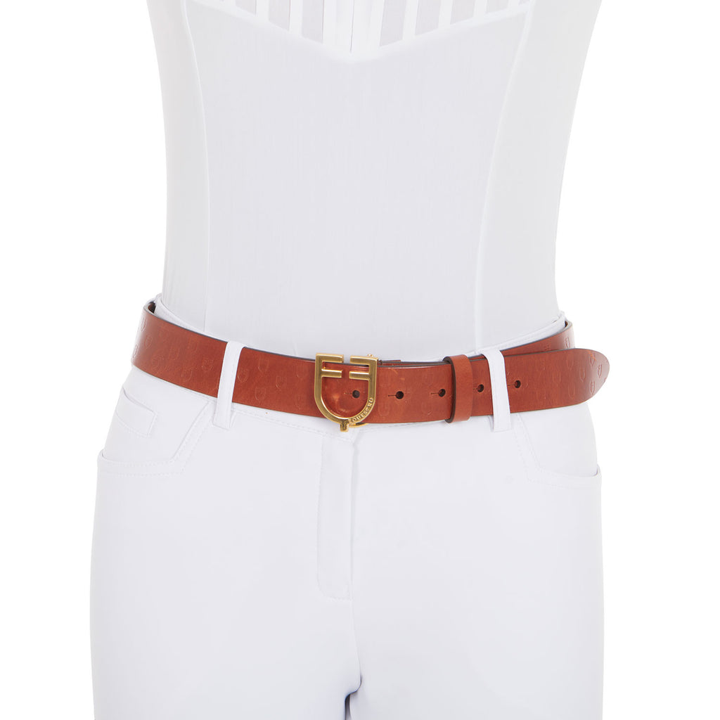 Leather logo belt with logoed buckle