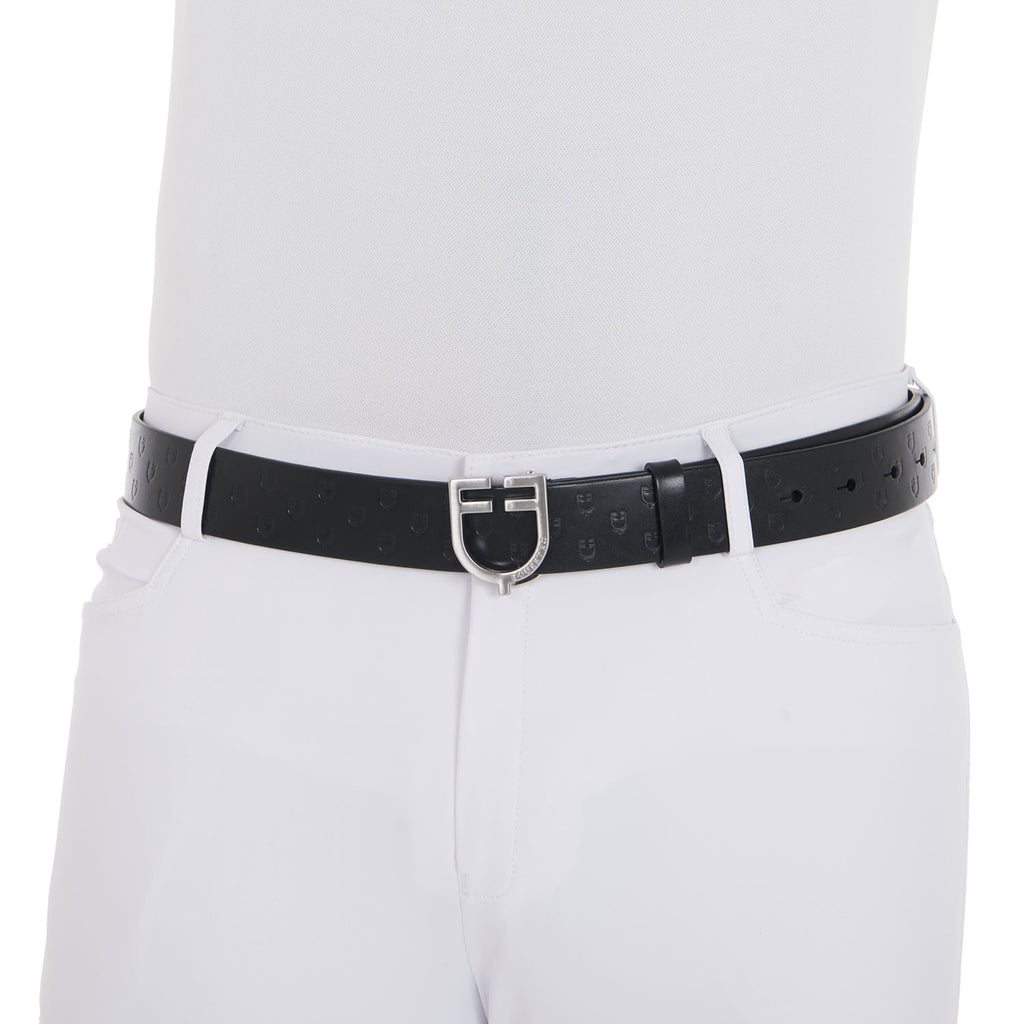 Leather logo belt with logoed buckle