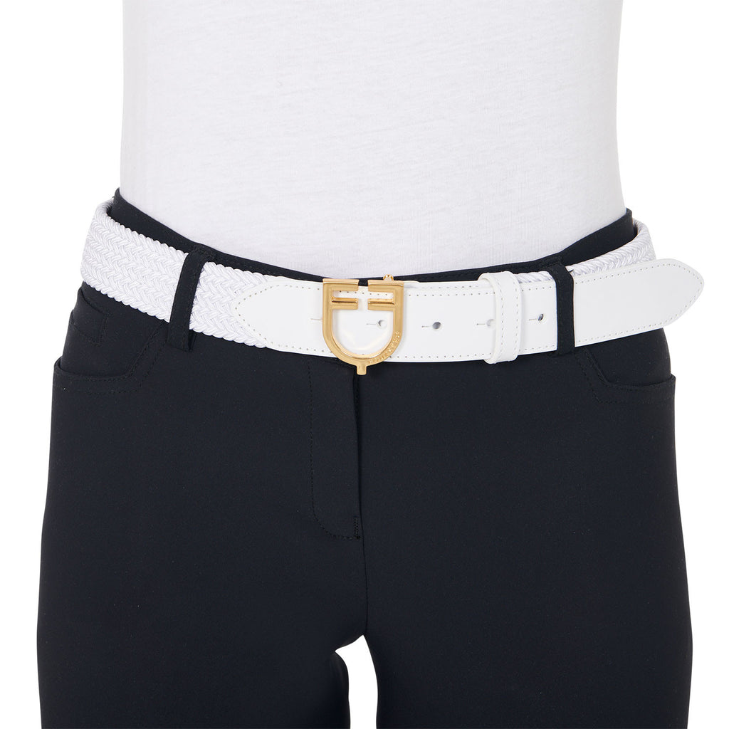 Leather elastic belt with logoed buckle