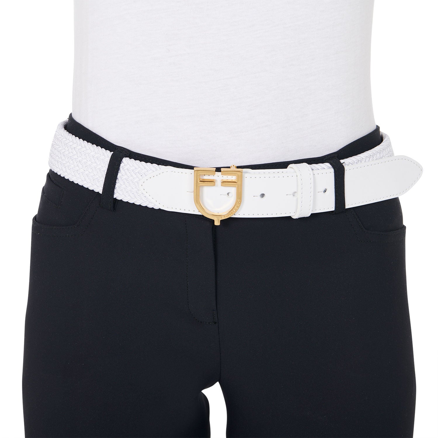 Leather elastic belt with logoed buckle