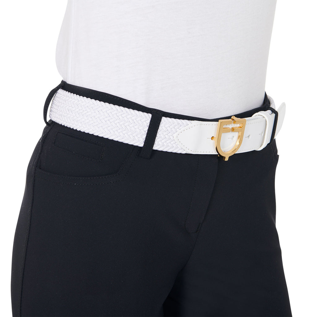 Leather elastic belt with logoed buckle