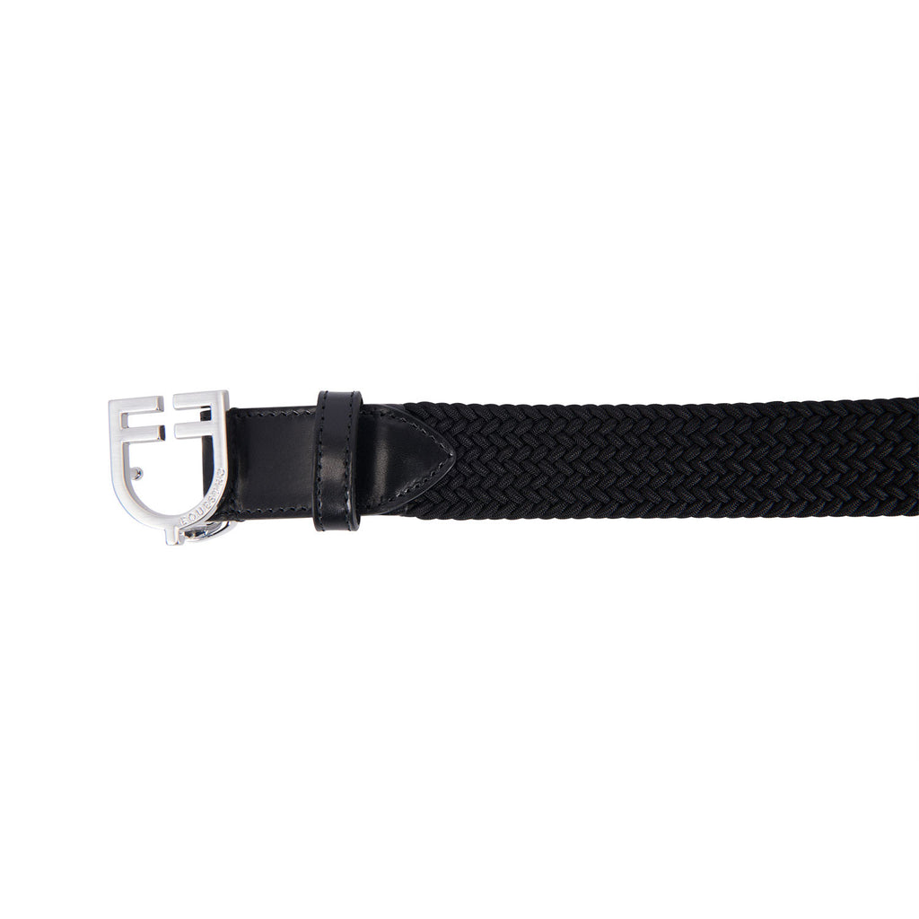 Leather elastic belt with logoed buckle