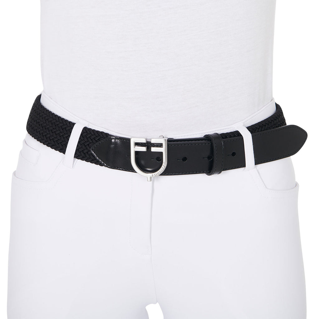 Leather elastic belt with logoed buckle
