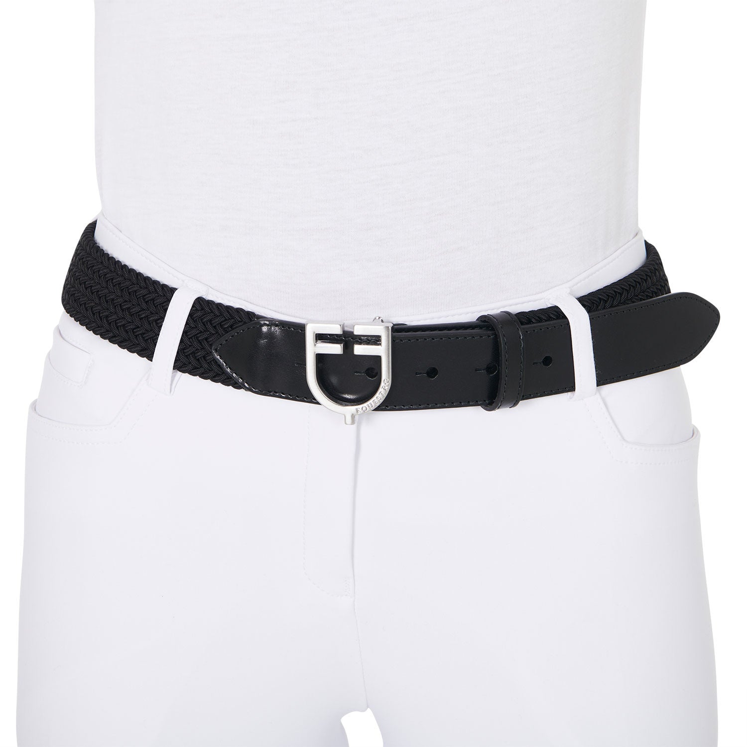 Leather elastic belt with logoed buckle