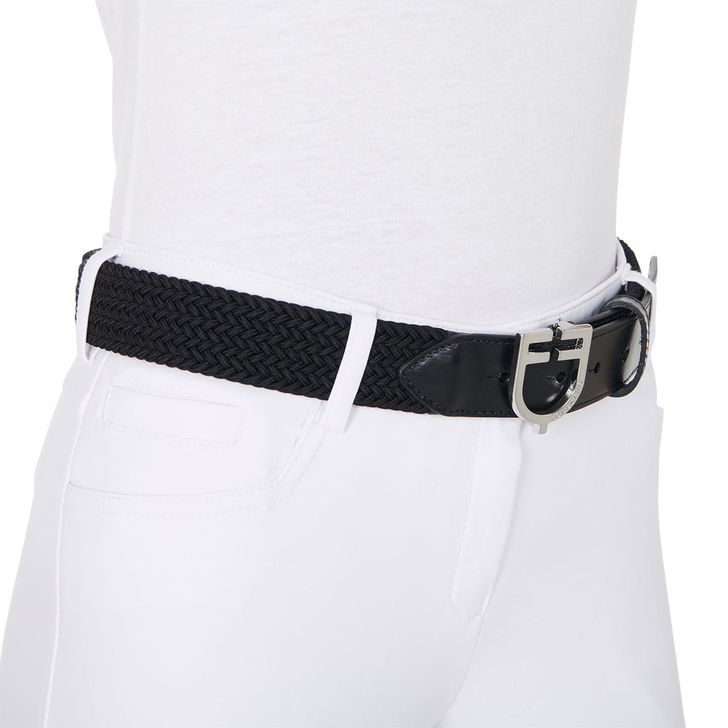 Leather elastic belt with logoed buckle