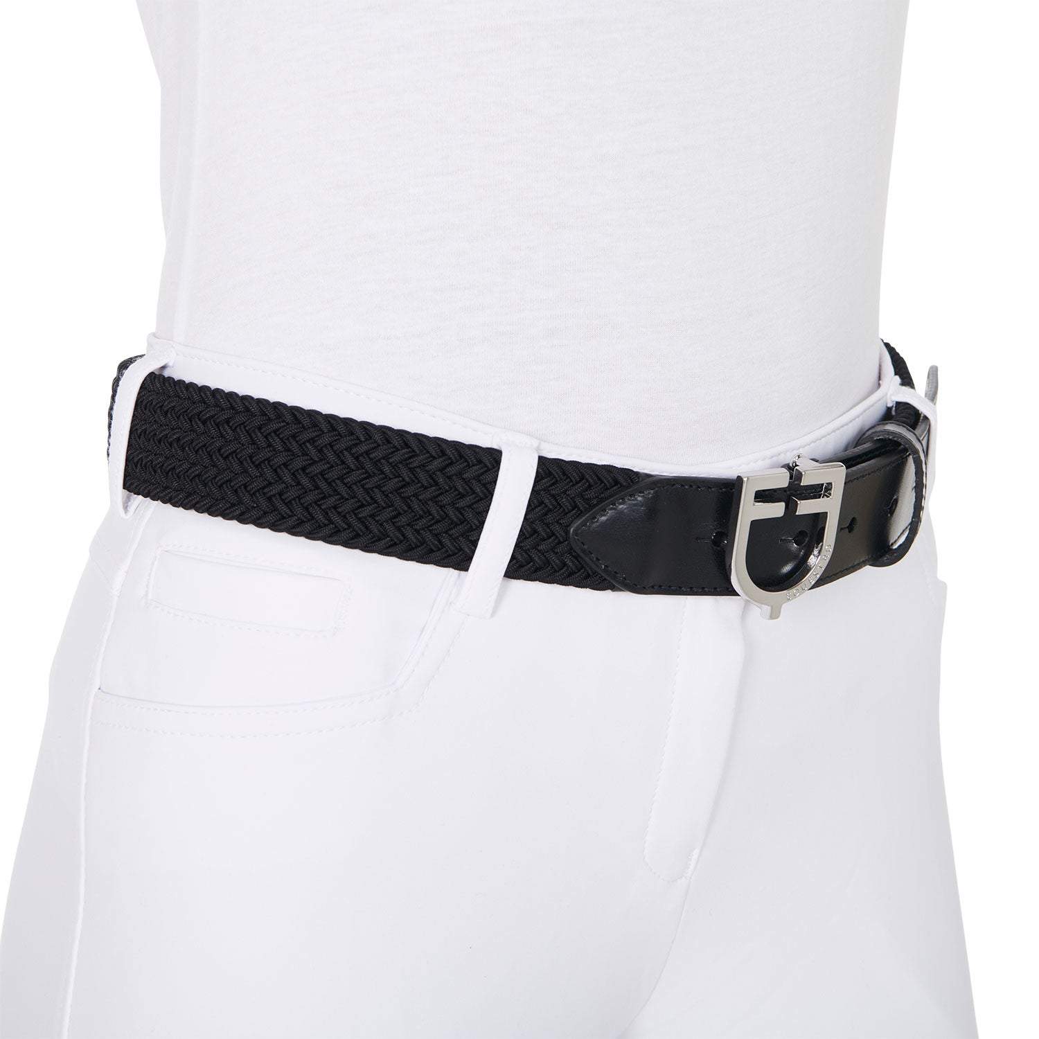 Leather elastic belt with logoed buckle